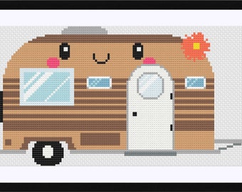Happy Camper Cross Stitch Pattern, Boho Trailer (Digital Pattern)