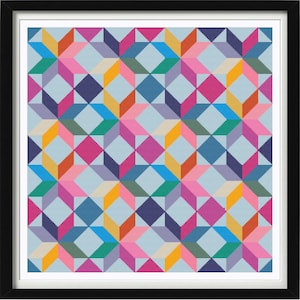 Könnte beinhalten: Ein geometrisches Muster mit hellblauem Hintergrund und bunten Formen. Das Muster besteht aus Quadraten, Dreiecken und Rauten in den Farben Rosa, Blau, Grün, Gelb, Orange und Lila.