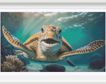 May include: A close-up of a sea turtle swimming underwater. The turtle has a brown shell with yellow markings and is looking directly at the camera. The turtle is surrounded by blue water and coral.