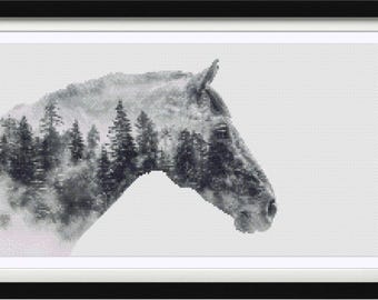 Horse, Scene, Trees, Cross Stitch pattern, Cross Stitch