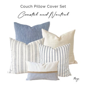 Coastal Throw Pillow Cover Set, Light Blue Striped Pillow Covers, Coastal Pillow Collection, Light Blue Linen Pillows with Jute Roped Lumbar