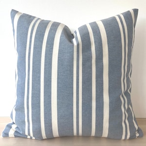 Blue & Neutral Striped Natural Linen Pillow Cover, Modern Coastal Throw Pillow Cover, Coastal Farmhouse Pillowcase, Blue and Warm Neutral.