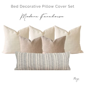 Natural Decorative Bed Pillow Cover Set, Textured Cream Linen Pillow, Rusty Soft Linen Pillow, Striped Extra Long King and Queen Bed Lumbar