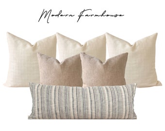 Natural Decorative Bed Pillow Cover Set, Textured Cream Linen Pillow, Rusty Soft Linen Pillow, Striped Extra Long King and Queen Bed Lumbar