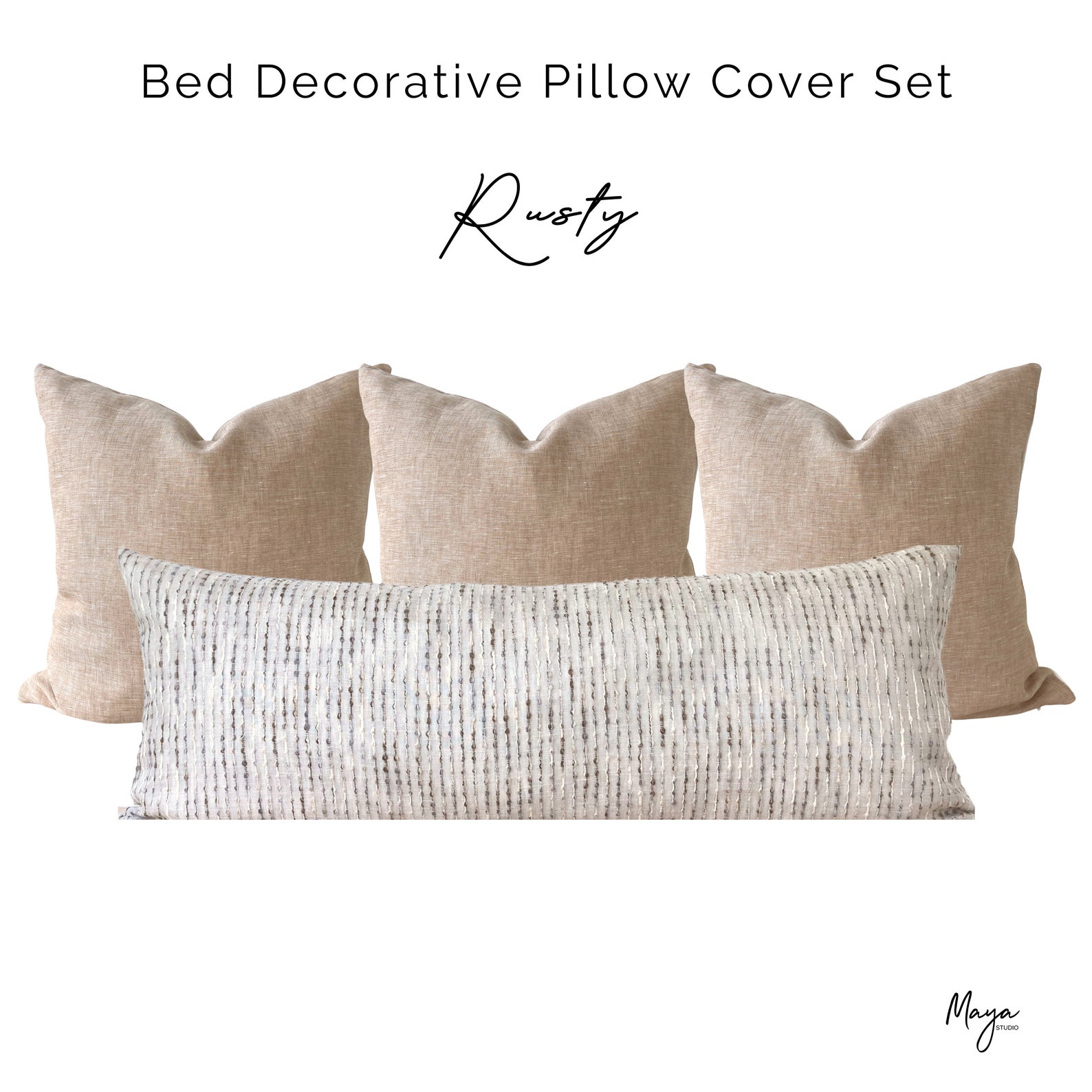 Linen Decorative Bed Pillow Cover Set, Textured Striped Long Lumbar