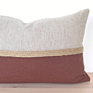Modern Farmhouse Textured Throw Pillow Cover, Terracotta Brown and Tan Striped Linen Pillow Cover, Jute Roped Lumbar Pillow Cover 12x18