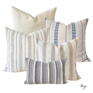 Cream Farmhouse Pillow Cover Set, Cream and Blue Throw Pillow Covers, Textured Farmhouse Pillows, Woven Striped Cream Pillow Cover Set