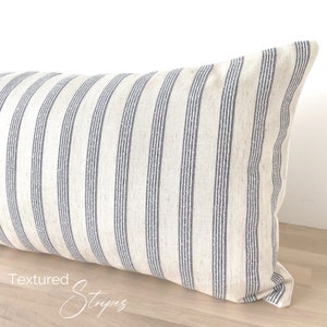 Textured Long Lumbar Pillow Cover, Modern Coastal Extra Long Throw Pillowcase, Blue and Cream Textured Stripes, 14”x36” for King Bed