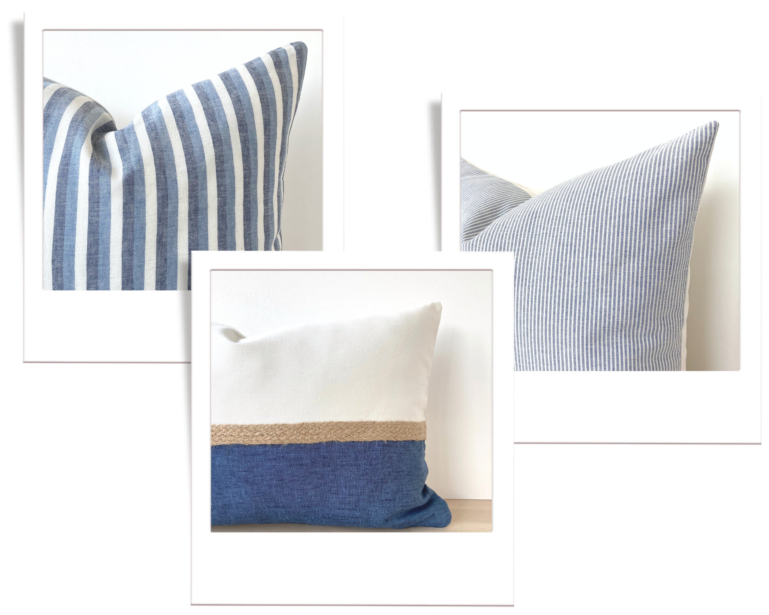 Coastal Linen Decorative Bed Pillow Cover Set, Blue Soft Linen Pillows,  Textured Cream Linen Pillows, Blue Cream Striped Long Kingbed Lumbar 