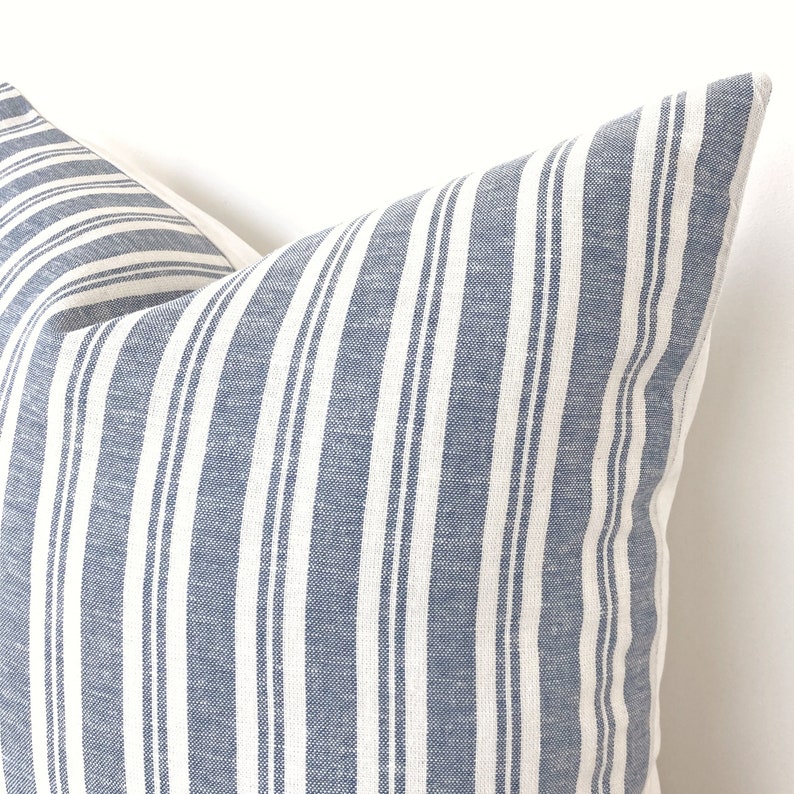 Blue Striped Linen Pillow Cover, Modern Coastal Throw Pillow Cover, Natural Linen Pillow Cover, Blue Marine Pillow, Coastal Striped Linen image 2