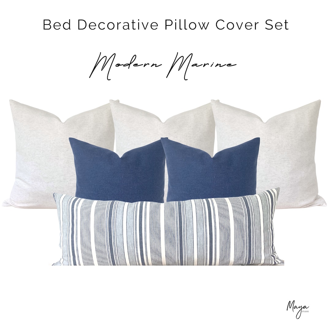 Blue Pillow Cover Set for Bed, Modern Coastal Linen Pillow Covers