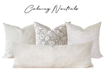 Beige Bed Lumbar Pillow Cover Set, Neutral Linen Throw Pillow Covers, Neutral Long Lumbar, King Bed and Queen Bed Beige Pillow Cover Set