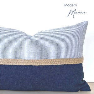 Coastal Blue Lumbar Pillow Cover, Modern Nautical Pillow, Dark Blue Marine Pillow, Coastal Throw Pillow Cover, Blue Striped Lumbar 12x18