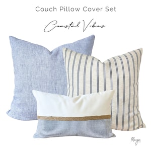 Ensemble housse de coussin en lin bleu clair, Ensemble de coussin à rayures bleues, Coussin en lin à rayures côtières, Coussin moderne bleu clair