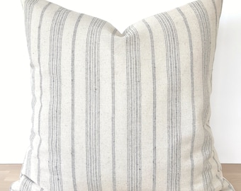 Neutral Striped Raw Linen Pillow Cover, Neutral Striped Throw Pillow Cover, Cream Pillow Cover with Textured Gray Stripes, Natural Raw Linen