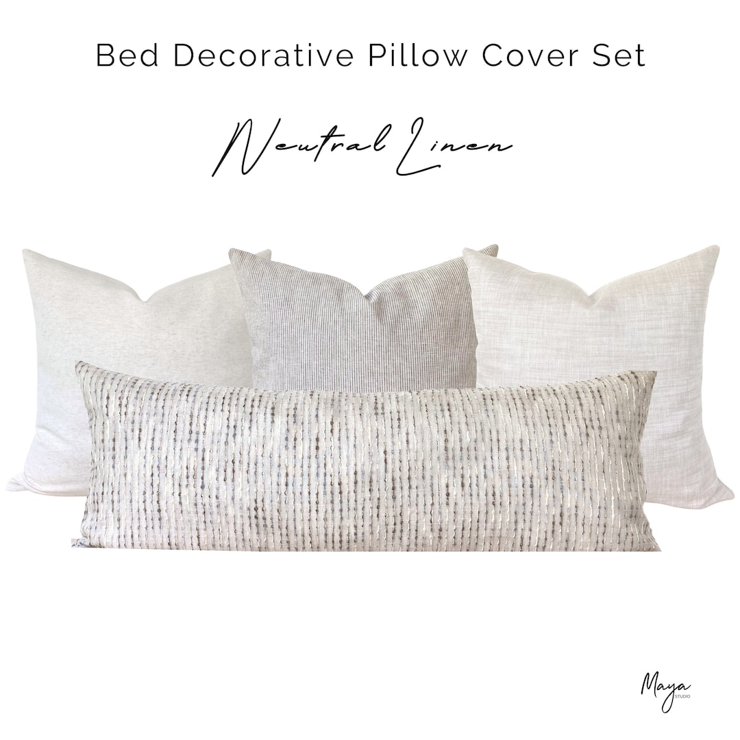 Neutral Linen Bed Pillow Cover Set, Neutral Throw Pillows, Greyish