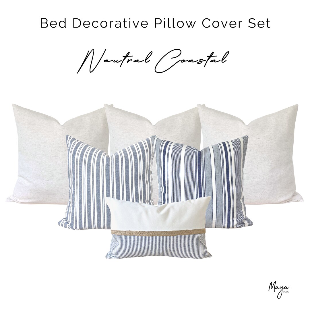 Coastal Bed Decorative Pillow Covers, Coastal Blue Linen Pillow Cover