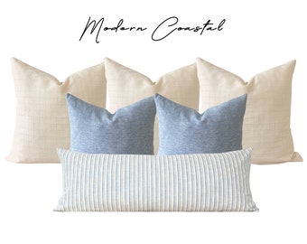 Coastal Linen Decorative Bed Pillow Cover Set, Blue Soft Linen Pillows, Textured Cream Linen Pillows, Blue Cream Striped Long Kingbed Lumbar
