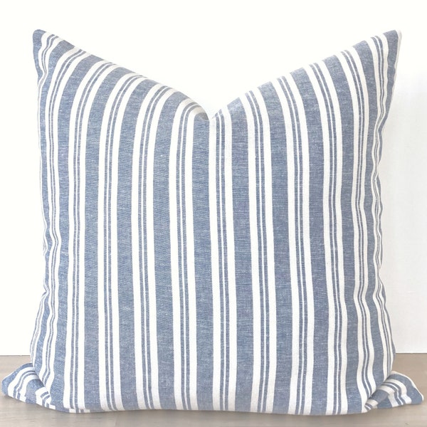 Blue Striped Linen Pillow Cover, Modern Coastal Throw Pillow Cover, Natural Linen Pillow Cover, Blue Marine Pillow, Coastal Striped Linen