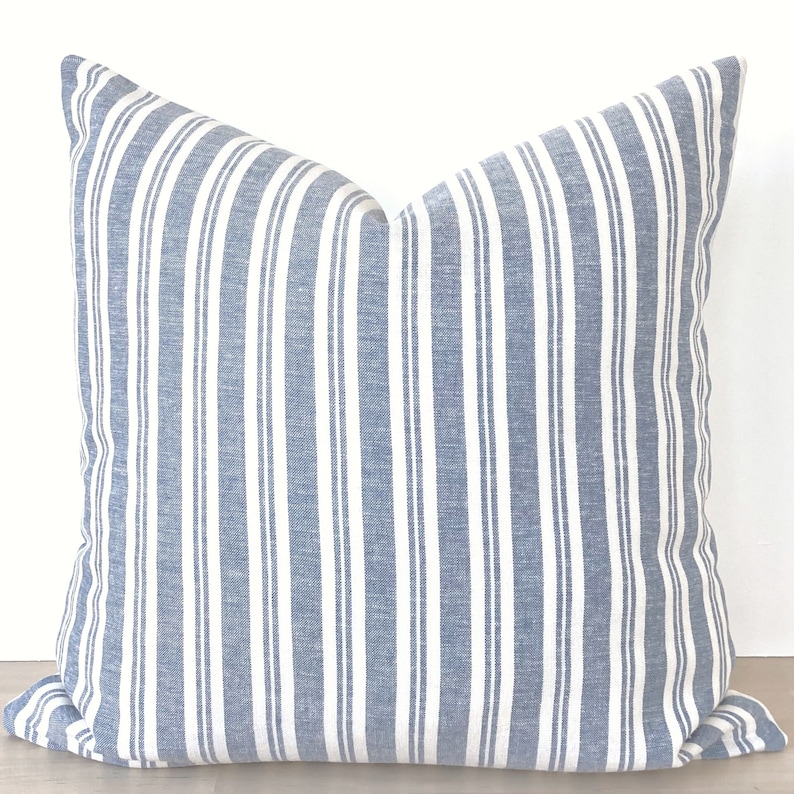Blue Striped Linen Pillow Cover, Modern Coastal Throw Pillow Cover, Natural Linen Pillow Cover, Blue Marine Pillow, Coastal Striped Linen image 1