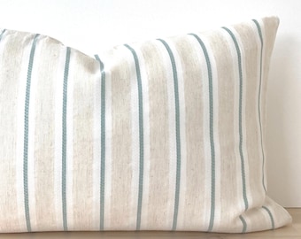 Mini Lumbar Pillow Cover, Soft Natural linen, Cream Ivory Lumbar with Aqua Green Stripes. Neutral Throw Pillowcase 12”x18”.