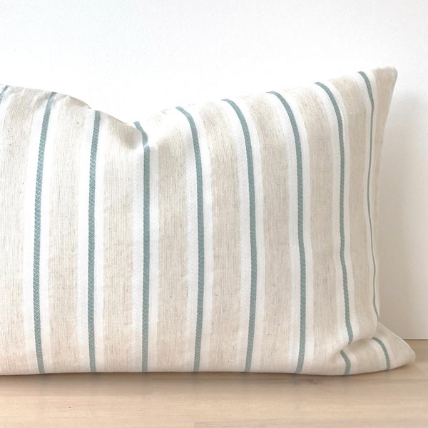 Mini Lumbar Pillow Cover, Soft Natural linen, Cream Ivory Lumbar with Aqua Green Stripes. Neutral Throw Pillowcase 12”x18”.