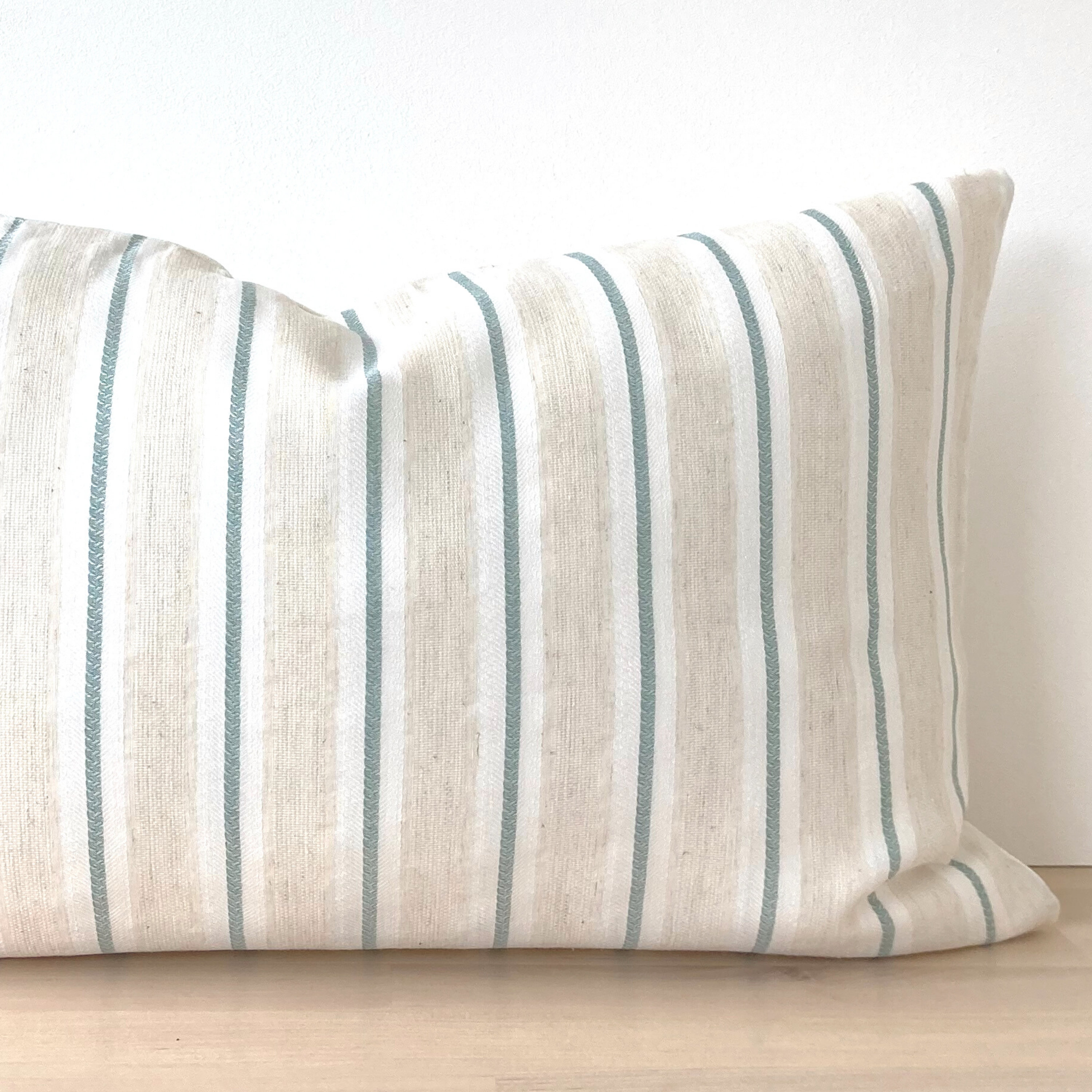 Mini Lumbar Pillow Cover, Soft Natural Linen, Cream Ivory Lumbar With Aqua Green Stripes