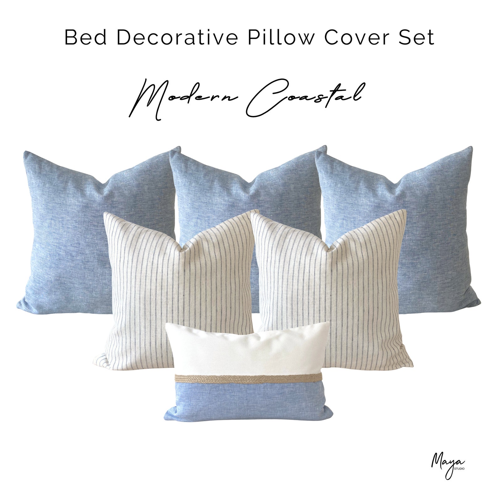 Blue Bed Pillow Cover Set, Coastal Pillowcase Set for Bed, Light Blue