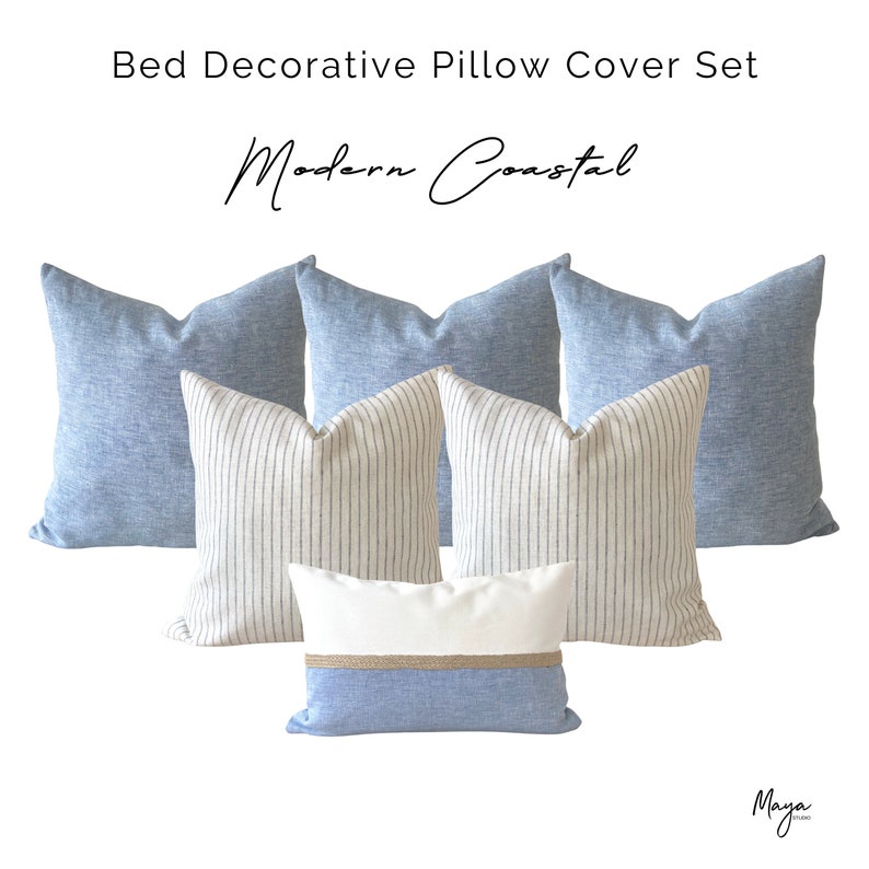 Blue Bed Pillow Cover Set, Coastal Pillowcase Set for Bed, Light Blue