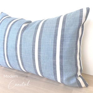 Coastal Blue Striped Lumbar Pillow Cover, Coastal Blue Throw Pillow Cover, Natural Soft Linen Throw Pillow, Blue Striped Lumbar 12x18