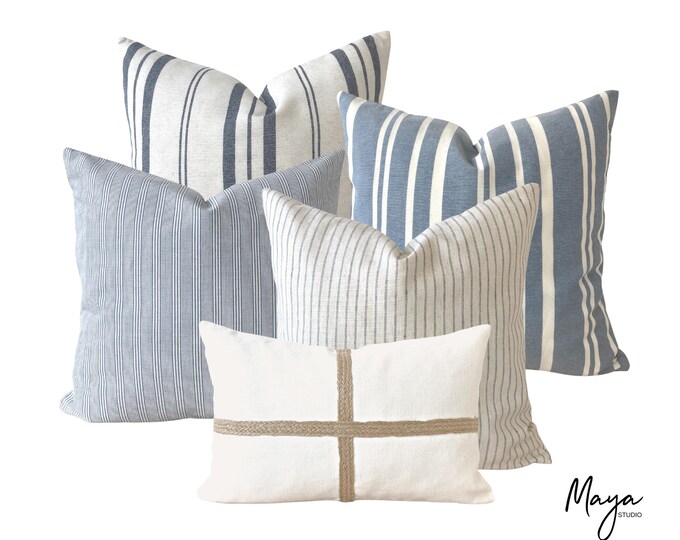 Blue Pillow Cover Set, Coastal Blue Linen Pillow Covers, Blue Striped
