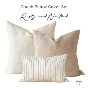 Neutral Throw Pillow Cover Set, Natural Linen Pillows, Textured Cream Plaid Pillow, Rusty Beige Soft Linen Pillow, Textured Striped Lumbar