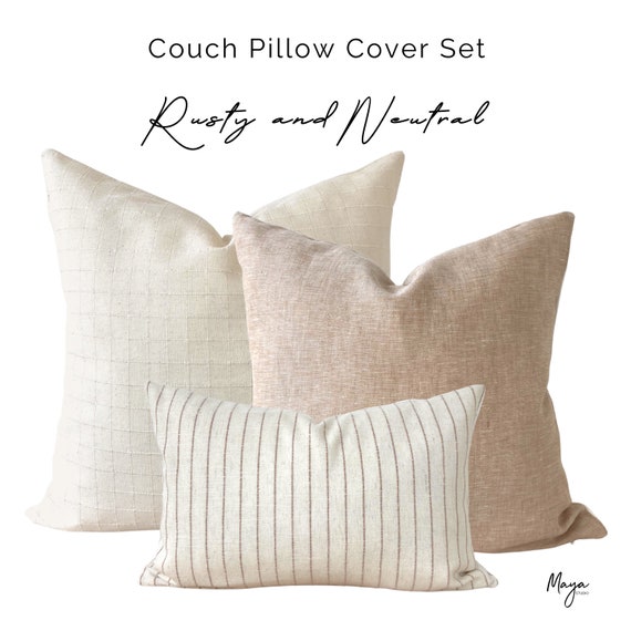 Neutral Throw Pillow Cover Set Natural Linen Pillows Textured Cream Plaid Pillow Rusty Beige Soft Linen Pillow Textured Striped Lumbar Etsy Canada