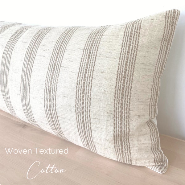 Modern Farmhouse Extra Long Lumbar Pillow Cover, Woven Textured, Ivory and Tan Woven Natural Cotton, 14”x36” for King bed & Queen Bed