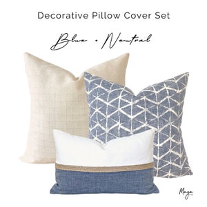 Blue Pillow Cover Set, Blue and Neutral Textured Throw Pillow Covers, Coastal Farmhouse Pillow Covers, Blue Designer Pillow Covers