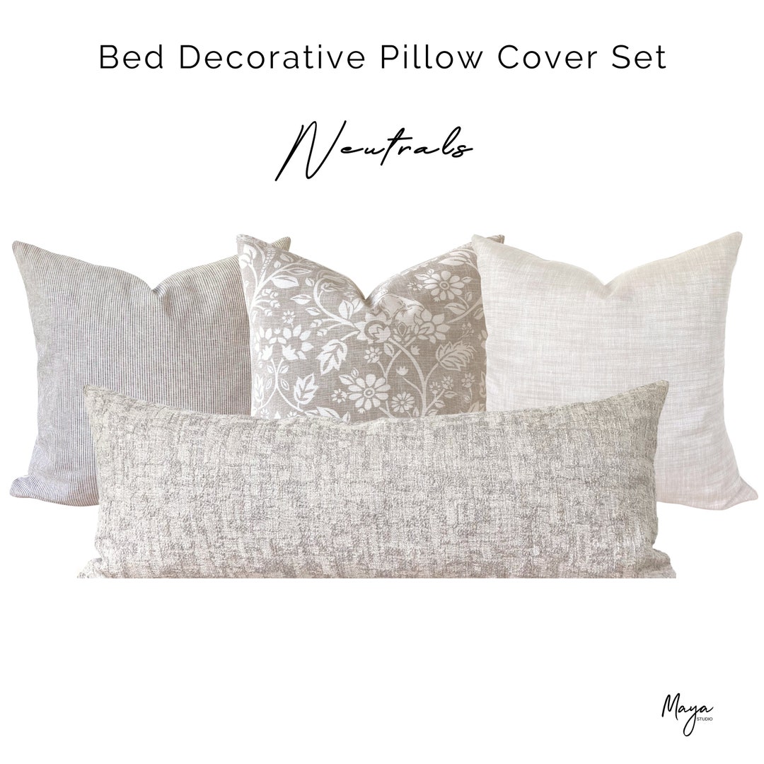 Neutral Linen Decorative Bed Pillow Cover Set Textured Lumbar Etsy