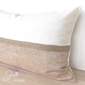 Decorative Lumbar Pillow Cover, Rusty Beige Linen Throw Pillow Cover, Jute Roped Lumbar Textured Pillow Cover, Neutral Coastal Lumbar 12x18