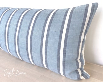 Blue Striped Linen Long Lumbar Pillow Cover, Modern Coastal Soft Linen Long Throw Pillowcase, Blue Striped Decorative Bedrooom Lumbar, 14x36
