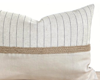 Neutral Lumbar Pillow Cover, Beige Linen Throw Pillow Cover, Striped Beige Lumbar, Jute Roped Lumbar, Textured Neutral Pillow 12x18