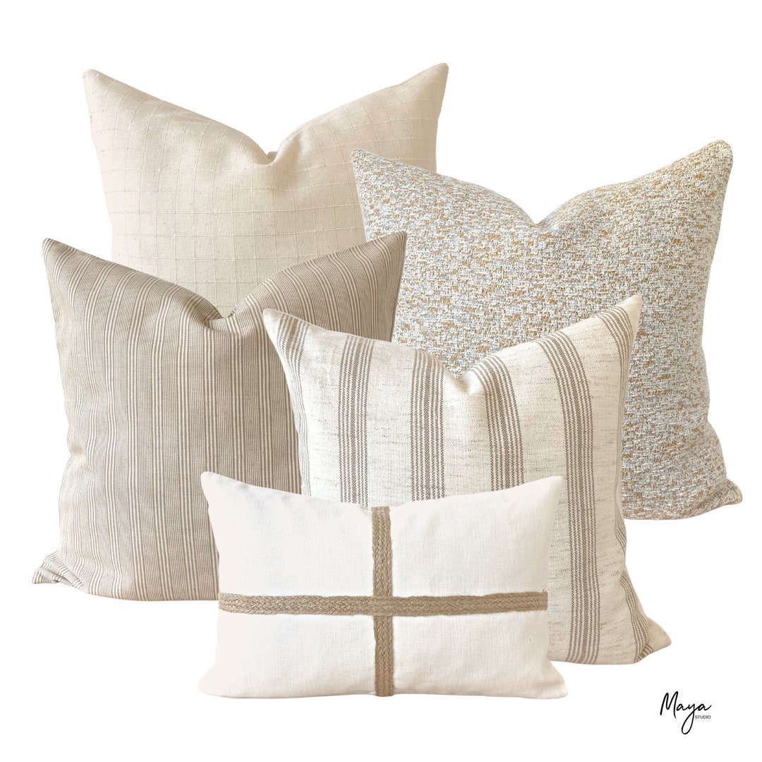 Neutral Farmhouse Throw Pillow Cover Set, Textured Beige Tan Throw