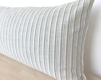 Blue Striped Extra Long Lumbar Pillow Cover, Blue Cream Textured Long Throw Pillow, Modern Coastal King Bed Lumbar, Queen Bed Pillow 14x36