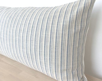 Housse de coussin lombaire extra longue à rayures bleues, coussin long texturé bleu crème, soutien lombaire de lit king size moderne, coussin pour lit Queen 14 x 36