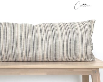 Modern Farmhouse Extra Long Lumbar Pillow Cover, Woven Textured, Ticking Striped Woven Natural Cotton, 14”x36” for King bed & Queen Bed