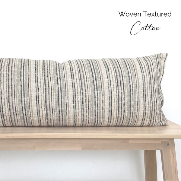 Modern Farmhouse Extra Long Lumbar Pillow Cover, Woven Textured, Ticking Striped Woven Natural Cotton, 14”x36” for King bed & Queen Bed