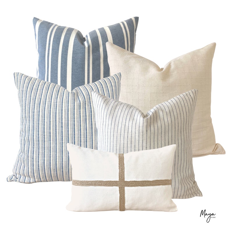 Blue Linen Pillow Cover Set Coastal Blue and Neutral Pillow Etsy