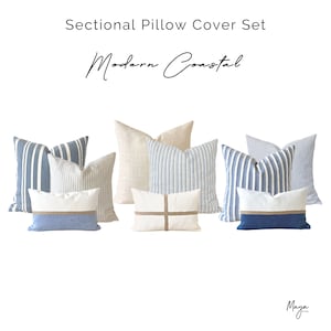 Sectional Linen Pillow Cover Set, Blue Coastal Pillow Covers, Neutral Linen Throw Pillow Covers, Blue and Cream Pillows for Sectional Couch