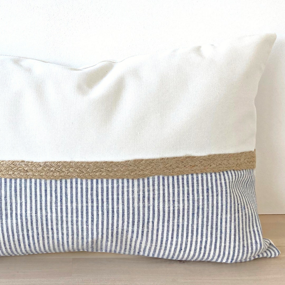 Coastal Lumbar Pillow Cover, Blue Striped Pillowcase With Jute Rope