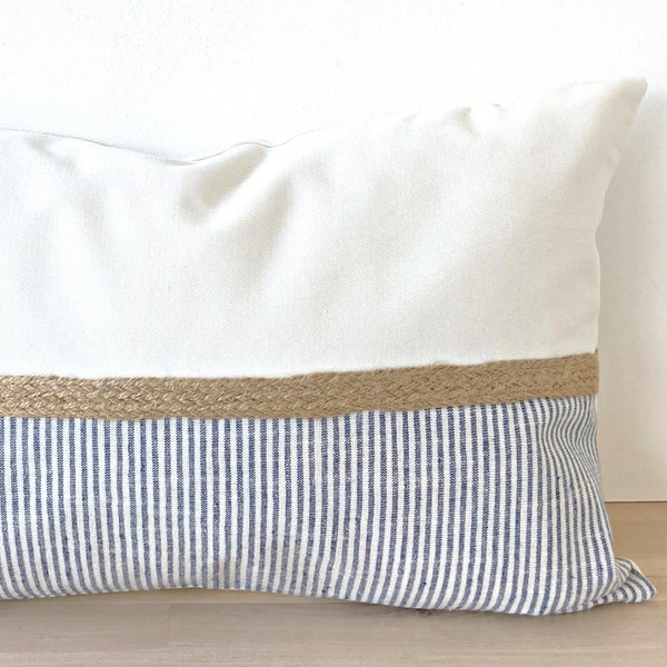 Coastal Lumbar Pillow Cover, Blue Striped Pillowcase with Jute Rope, Textured Throw Pillow, Neutral Coastal Lumbar, Light Blue Lumbar, 12x18