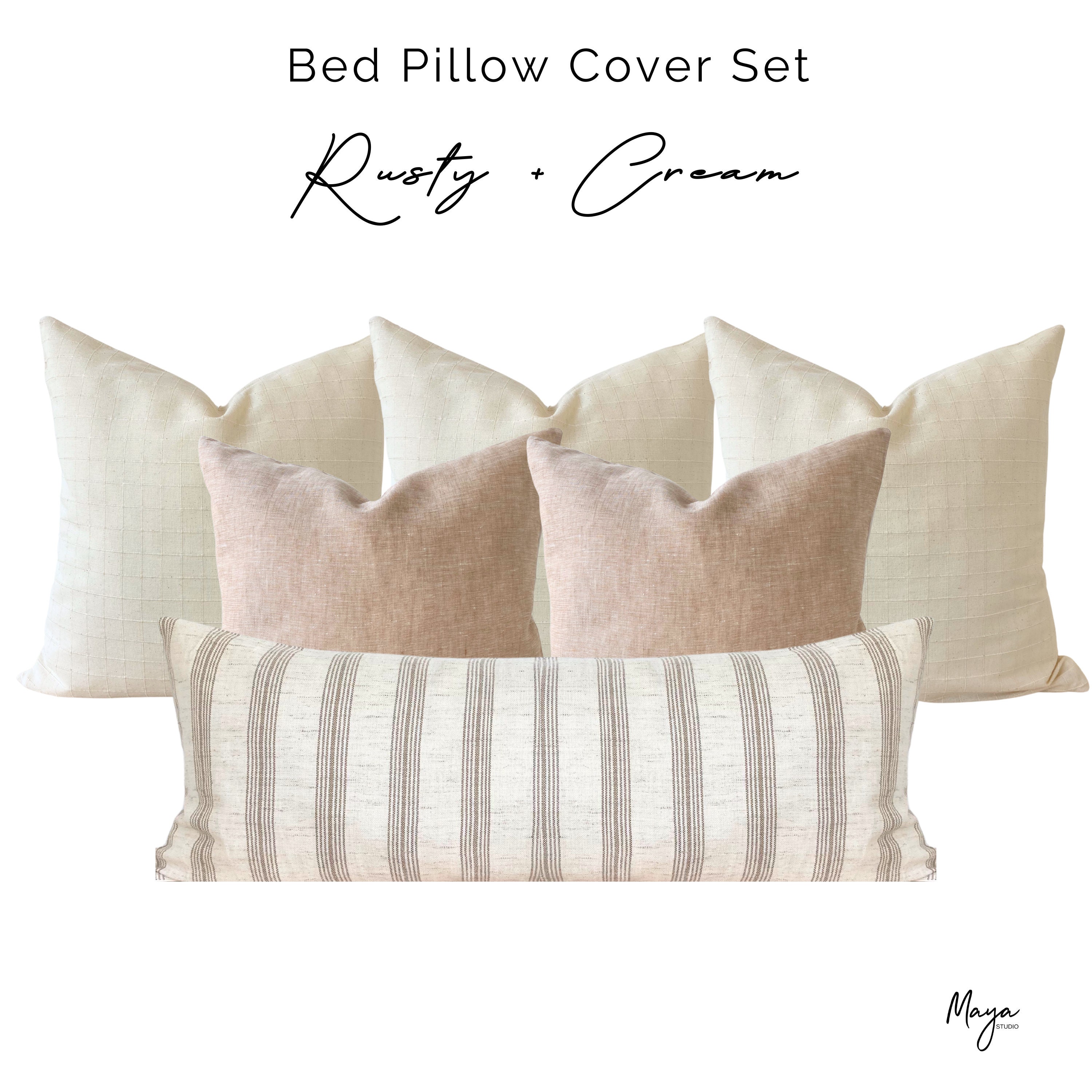 Bed Pillow Cover Set With Rusty and Cream Pillows King Bed Neutral Pillow Set Queen Bed Rusty Pillows Textured Tan Striped Long Lumbar Etsy