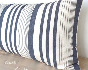 Blue Striped Long Lumbar Pillow Cover, Coastal Striped Lumbar, Navy Blue Striped Long Throw Pillow for King bed, Marine Pillow 14x36